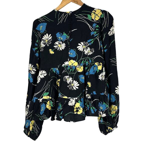 ByTiMo NWT Black Floral Bubble Crepe Blouse Daisy Size S Long Sleeve Round Neck - Picture 3 of 10